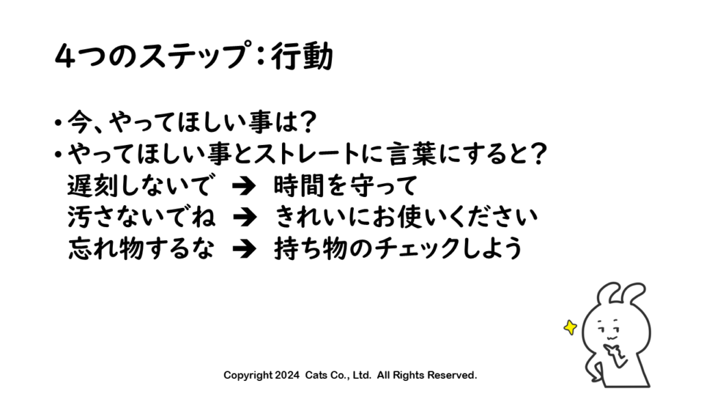 ４つのステップ：行動
今、やってほしい事は？
やってほしい事とストレートに言葉にすると？
遅刻しないで時間を守って
汚さないでねきれいにお使いください
忘れ物するな持ち物のチェックしよう
